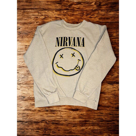Nirvana Smiley Face Sweatshirt Medium Beige Band Logo Crewneck 2022 Licensed - Picture 1 of 6